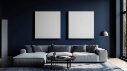 A modern living room featuring a stylish sectional sofa, minimalist artwork, and large windows with natural light.