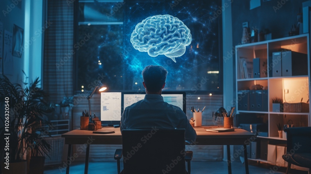 Poster a person sits at a desk in a dimly lit room with dual monitors, gazing at a digital brain projection