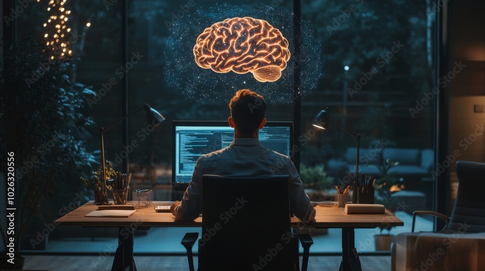 Aufkleber A person sits in a dark room, coding at a computer, while a glowing brain symbol hovers above, symbolizing creativity and intelligence.