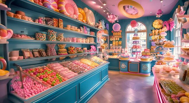 A whimsical candy shop with colorful decorations and treats