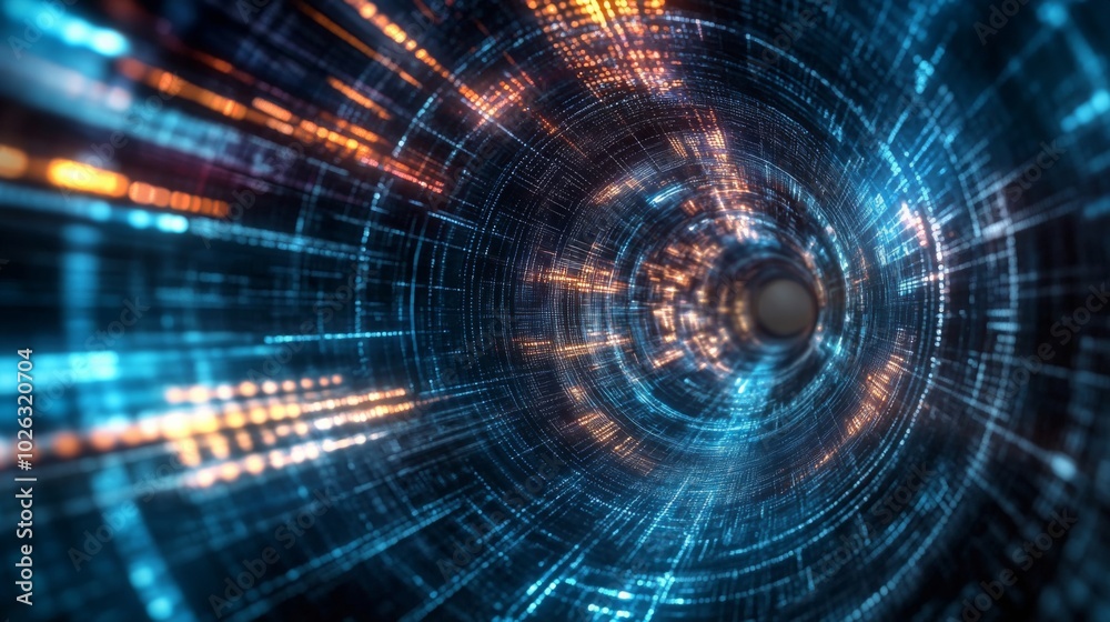Poster a vibrant digital tunnel visual depicting light trails, representing concepts of speed, technology, 