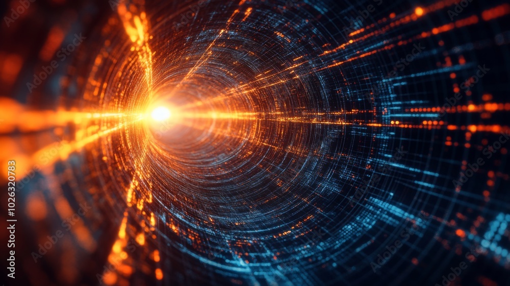 Poster an abstract image depicting a swirling vortex of light and data, featuring vibrant orange and blue h