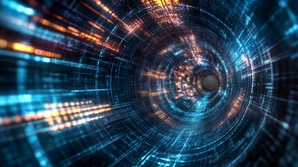 A vibrant digital tunnel visual depicting light trails, representing concepts of speed, technology, and futuristic dimensions.