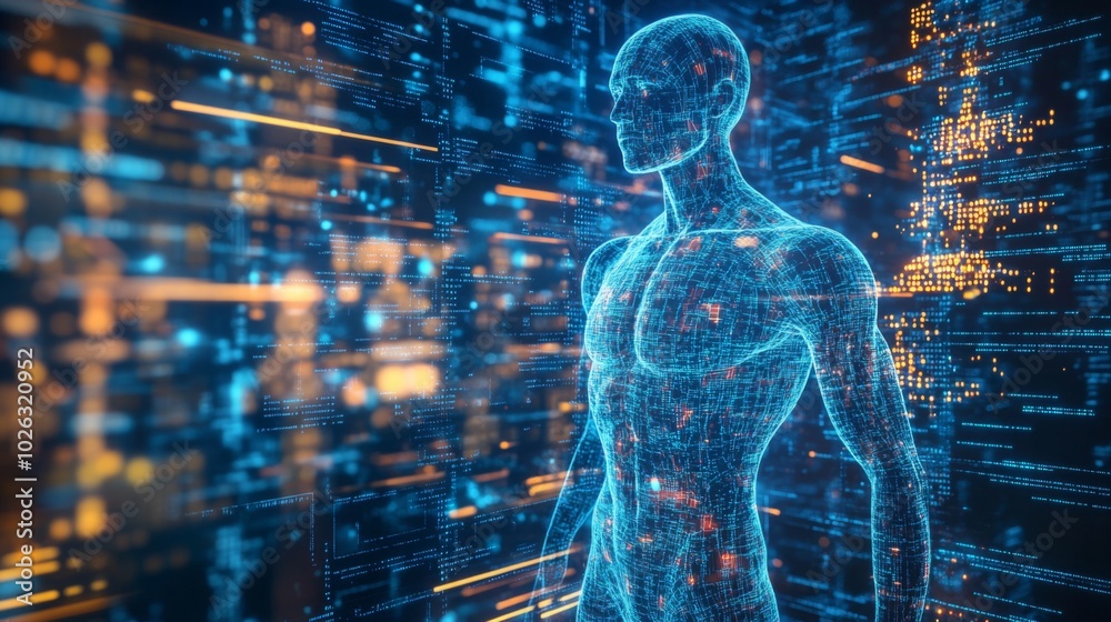 Poster a digital representation of a human figure surrounded by vibrant data streams, symbolizing the fusio