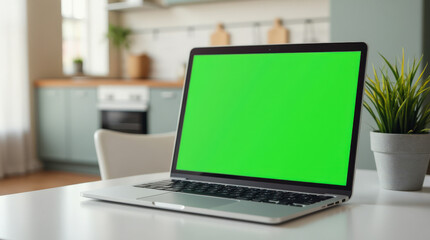 Fototapeta premium Modern Home Office with Laptop and Green Screen - Perfect Workspace Setup for Freelancers in Kitchen Environment with Plants and Warm Lighting