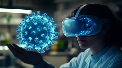 Female scientist with brown hair engaging with virtual virus model using VR headset.