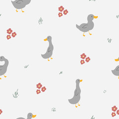 Cute Cartoon Duck Seamless Pattern, Vector Illustration Background