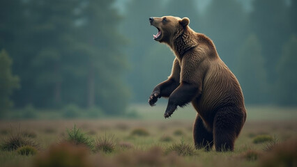 Fototapeta premium A big grizzly bear stands on its hind legs and growls, wildlife. Banner.