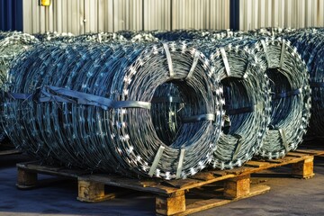 Barbed wire spools stacked on wooden pallets