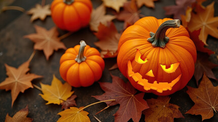 Festive Halloween Jack-O’-Lantern Pumpkins in Fall Leaves - Autumn Halloween Decoration and Carving Ideas