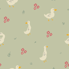 Cute Cartoon Duck Seamless Pattern, Vector Illustration Background