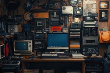 Fototapeta premium A cluttered workspace with a computer monitor, keyboard, and vintage electronics on a wooden desk, with a wall covered in posters, photos, and gadgets.