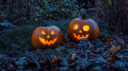 Fototapeta premium halloween jack o lantern pumpkins dark background with moon and graveyard