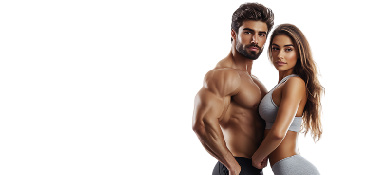 A couple of muscular models, one male and one female, captured in action. PNG cutout isolated on a transparent background for versatile use.