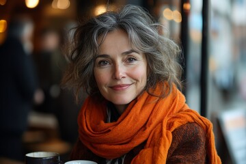 Woman with gray hair is sitting in a chair with a cup of coffee in front of her. Caucasian women 50-year-old with cup of coffee