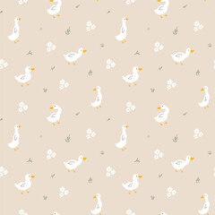 Cute Cartoon Duck Seamless Pattern, Vector Illustration Background