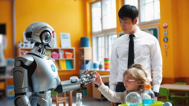 Robot teaching child under the supervision of a human teacher