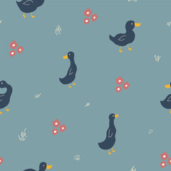Cute Cartoon Duck Seamless Pattern, Vector Illustration Background