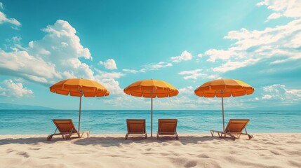 Three beach umbrellas are set up on the sand, with chairs underneath them