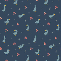 Cute Cartoon Duck Seamless Pattern, Vector Illustration Background