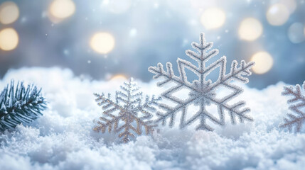 Soft snowflakes on light Christmas background create serene winter scene, evoking feelings of joy and warmth during holiday season