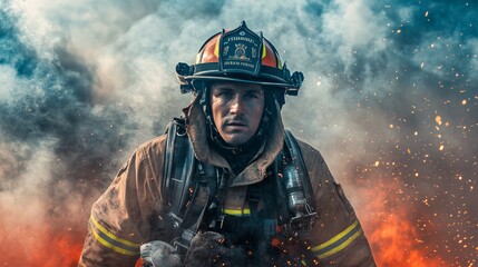Fototapeta premium A firefighter in full gear stands in front of a blaze, smoke and embers billowing behind him. He looks directly at the camera with a serious expression.