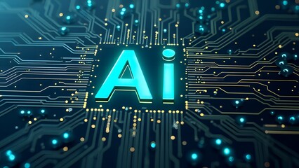 Futuristic tech scene with glowing neon AI chip thin circuits and onboard semiconductor