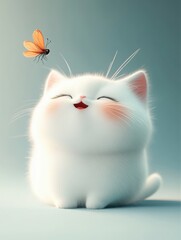 Fototapeta premium Cute Kitty's Close Encounter: A 3D Cartoon Cat Meets a Beautiful Insect in a Minimalist, Award-Winning Illustration