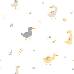 Cute Cartoon Duck Seamless Pattern, Vector Illustration Background