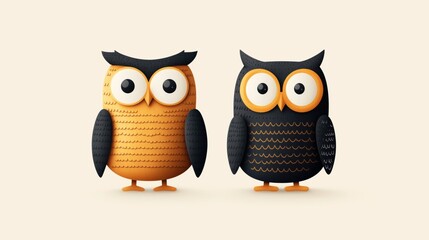 Fototapeta premium Illustration of two cartoon owls, one orange with black accents and one black with orange accents, standing on a light beige background.