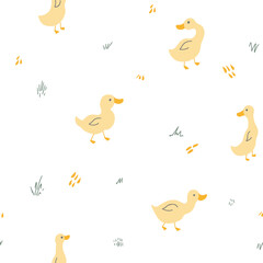 Cute Cartoon Duck Seamless Pattern, Vector Illustration Background