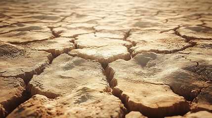 Dry earth with deep, geometric cracks stretches to the horizon. Intense sunlight casts harsh shadows, this climate change-themed landscape