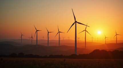 Obraz premium Stunning Wind Turbines Silhouetted Against a Sunset in a Countryside Landscape | Renewable Energy and Clean Power Generation