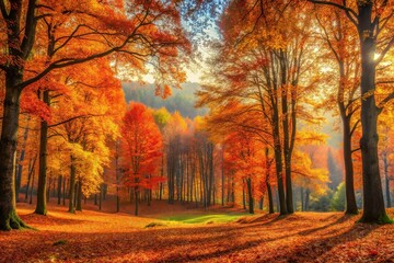 Fototapeta premium Panoramic autumn forest pattern with abstract trees in warm colors