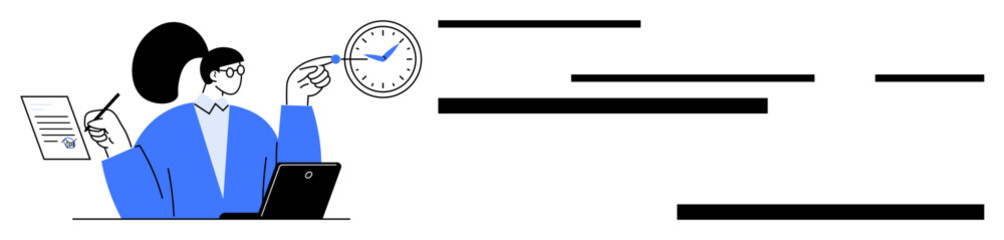 Person in glasses pointing at clock while holding documents and seated at laptop Ideal for time management, productivity, office work, deadlines, remote work Modern minimal style