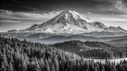 Panoramic black white photograph Mt Rainier towering above Puget Sound forests