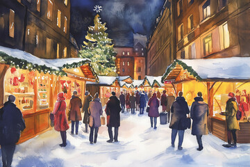 Watercolor illustration of Christmas market in a European city during December