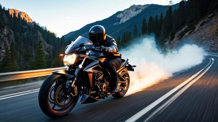 Obraz premium A motorcyclist rides on a winding road, creating a cloud of smoke in a scenic mountain landscape.