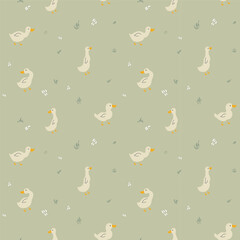 Cute Cartoon Duck Seamless Pattern, Vector Illustration Background
