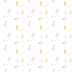 Cute Cartoon Duck Seamless Pattern, Vector Illustration Background
