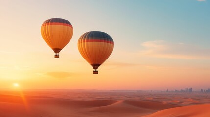 Obraz premium Hot air balloons floating over a desert landscape at dawn, capturing the beauty of a unique travel experience