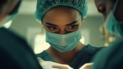Focused female surgeon in scrubs performing delicate procedure in operating room.