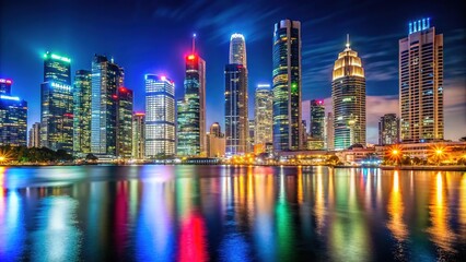 Fototapeta premium Stunning City Skyline at Night with Vibrant Lights and Copy Space for Design Uses