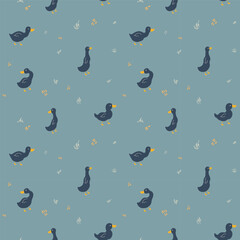 Cute Cartoon Duck Seamless Pattern, Vector Illustration Background
