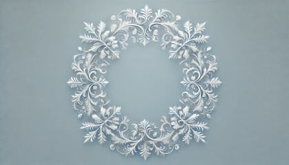Intricate white wreath design on pale blue background 