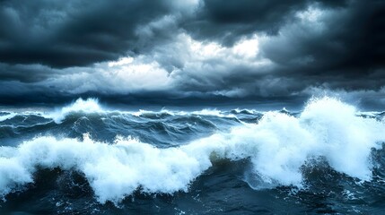 Obraz premium A dramatic seascape showing towering waves and dark, moody storm clouds, capturing the power and intensity of the ocean during turbulent weather.