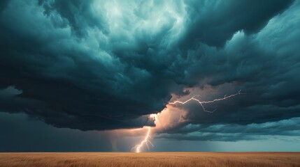 Fototapeta premium A dramatic storm landscape with dark clouds and striking lightning illuminating a golden field below.