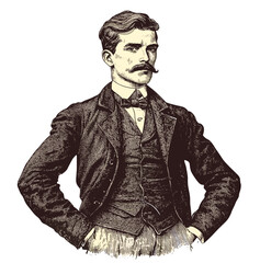 パターン、ステッカー、壁紙、ロゴ、透明な背景にカードを印刷するためのジャケットを着た 19 世紀の男ベクトル PNG イラスト、ビンテージ紳士アート、歴史的人物デザイン、古典的なメンズ ファッション イラスト、