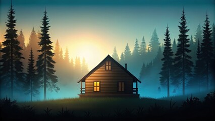 Mysterious cabin surrounded by trees