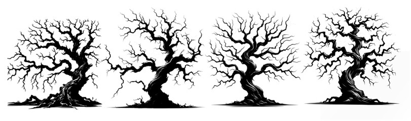 spooky old oak leafless trees on white. silhouette vector eps detailed dead leafless trees reflecting horror, scary, winter, pollution, desert etc concept. design element for web, app, ui, poster,